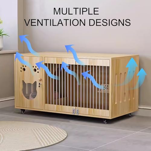 Wooden Cat House Indoor Enclosure with Wheels, Spacious Cat Condo with Scratching Post & Multiple Ventilation Designs for Cats, Stylish & Functional Pet Furniture