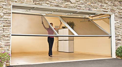 Garage Door Screen - 9'H; 17x20 Black PVC Coated Polyester Mesh with Passage Door, Spring Loaded System for Ventilation Privacy, Pet Resistant, Aluminum Frame (8'W x 9'H, Sandstone)
