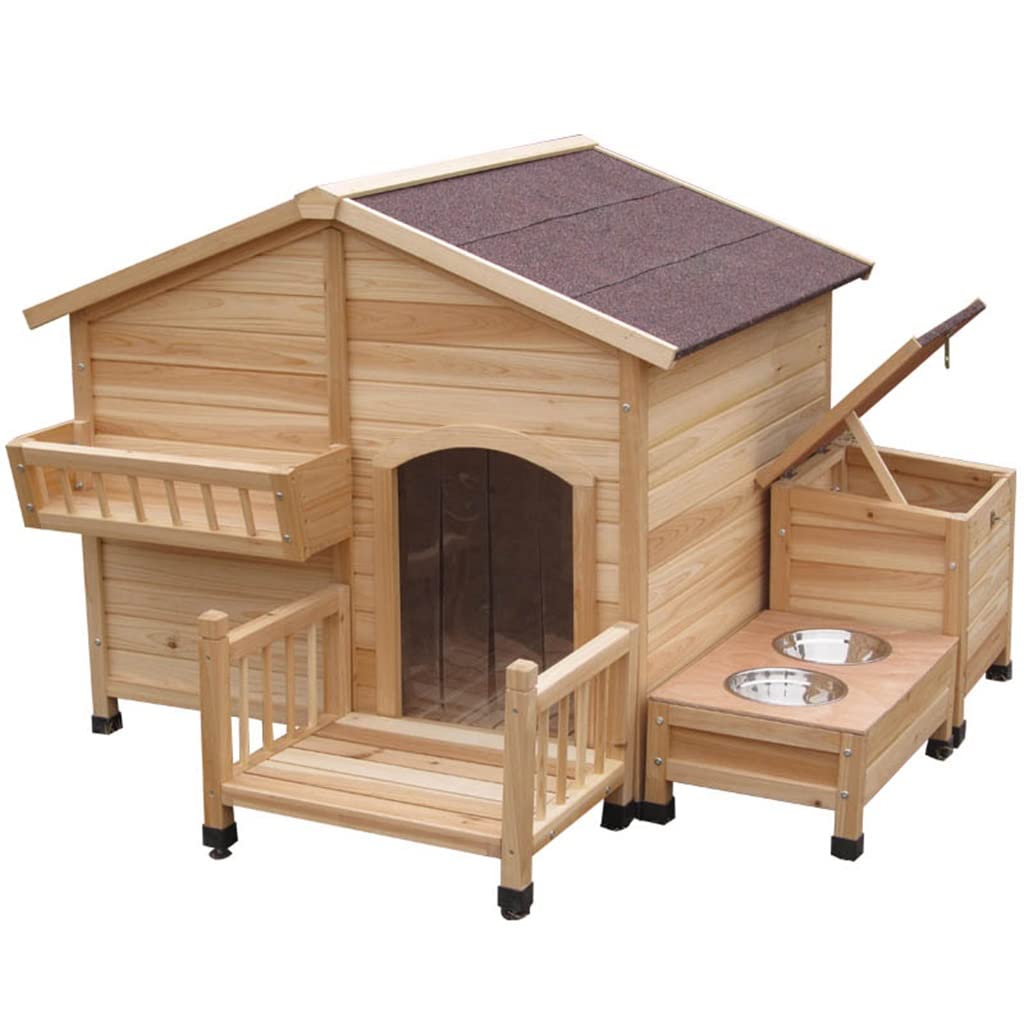 DogCage Large Wooden Outdoor Dog House Cat Puppies Pet Supplies with Asphalt Roof 2 Feeding Bowls & Storage Box (Brown 151x138x100cm)