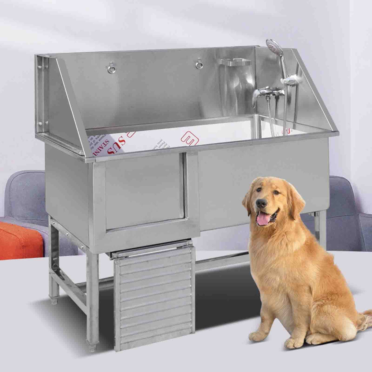 Dog Grooming Tub,Stainless Steel Pet Dog Grooming Bath Tub Complete with Ramp, Tap, Sprayer and Drain Kit