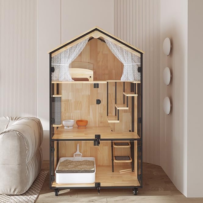 Luxury Cat Villa Nest Household Wood Luxury Large Indoor House Cage Cabinet Does Not Occupy A Toilet Integrated Cat Enclosure