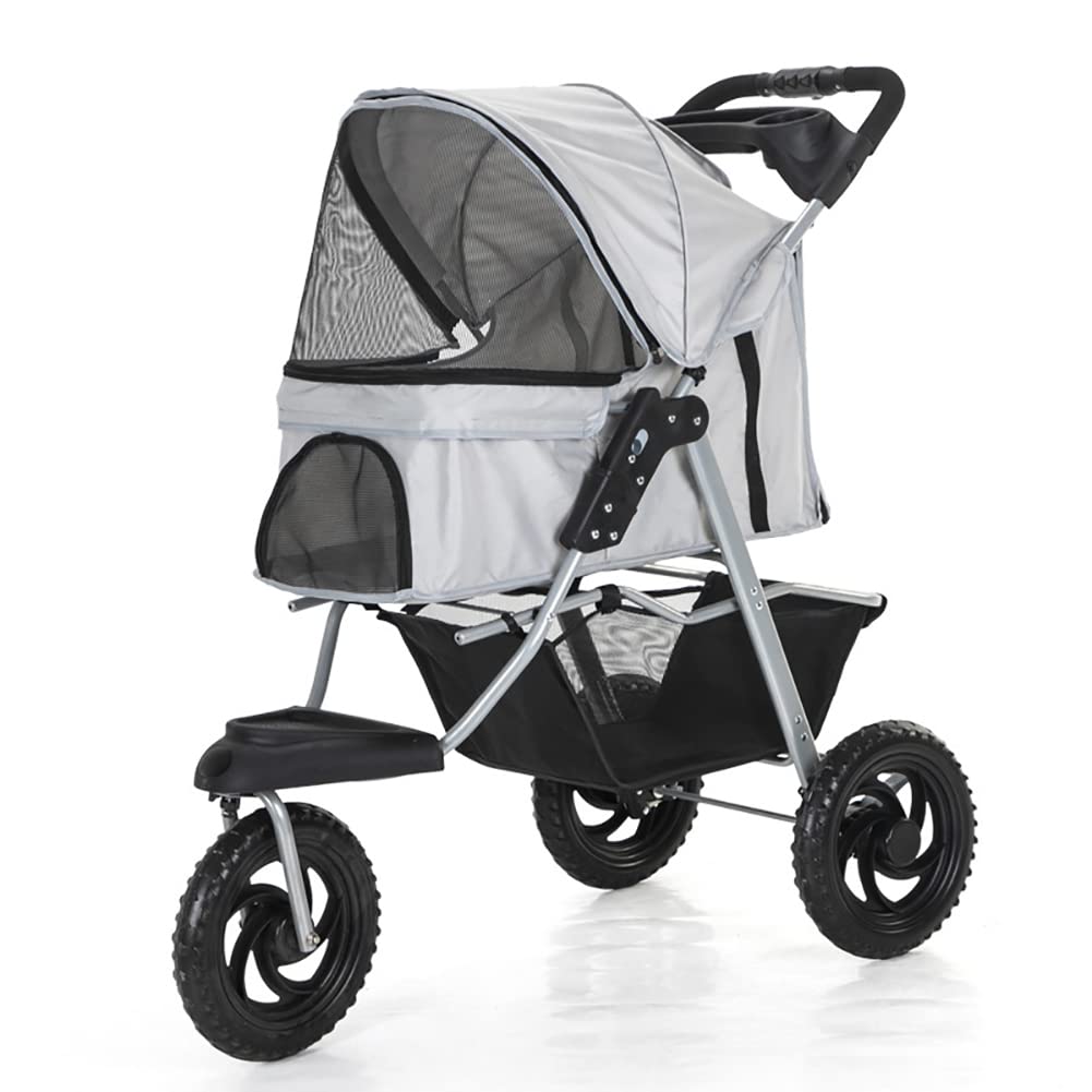 Pet Strollers 3 Wheel Pet Stroller Foldable Pet Supplies Travel Beach Pet Buggy Dog Bicycle Trailer with Large Storage Basket A (E)