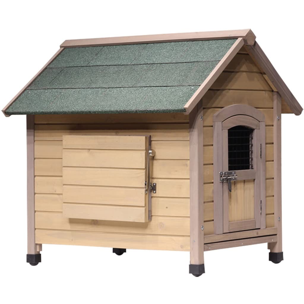 Outdoor Dog House Cabin Style, Wooden Raised Pet Kennel with Asphalt Roof, Front Door, Side Window, Porch for Medium/Large Dogs