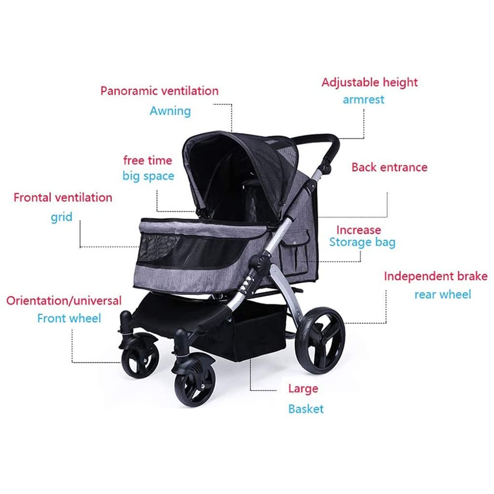 Pet Stroller Dog Cat Foldable 4 Wheels Travel Carriers Transporter Pet Supplies with Large Storage Basket B (C)