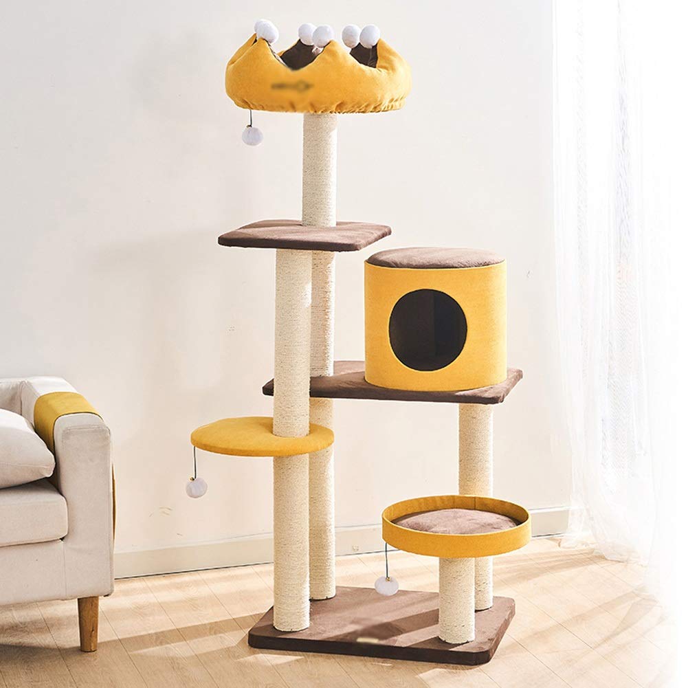 Cat Trees Cat Climbing Frame Imperial Crown Shape Cat House Cat Tree Tower Comfortable Pet Activity Centre Four Seasons Universal (Yellow)