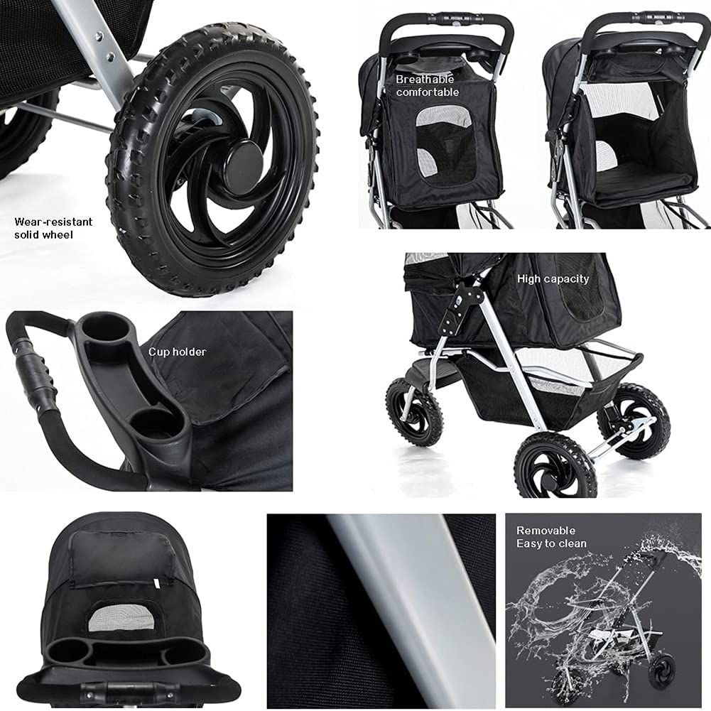 Pet Strollers 3 Wheel Pet Stroller Foldable Pet Supplies Travel Beach Pet Buggy Dog Bicycle Trailer with Large Storage Basket A (D)