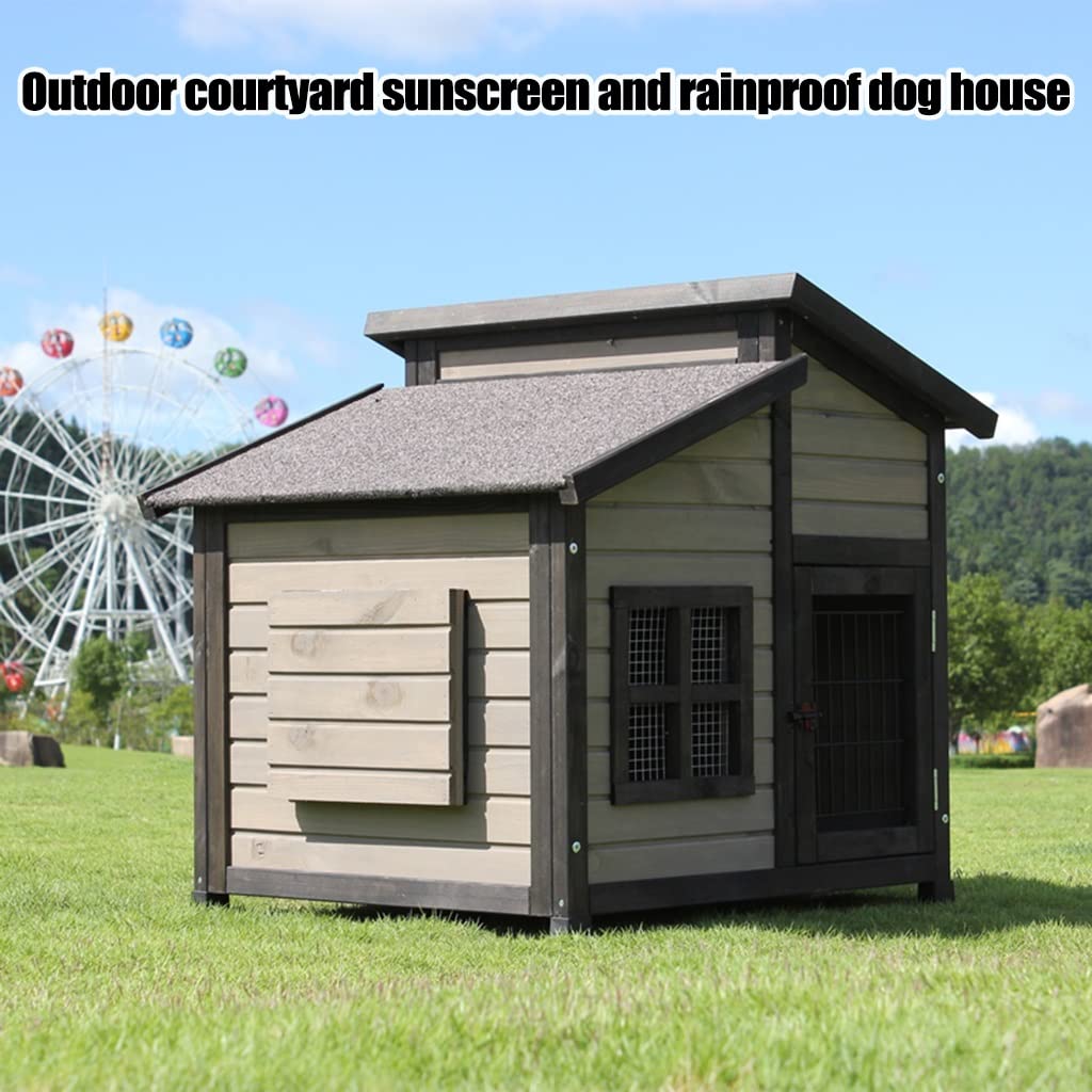 Outdoor Dog House, Wooden Raised Pet Kennel with Asphalt Roof, Front Door, Side Window, Porch for Medium/Large Dogs, XX