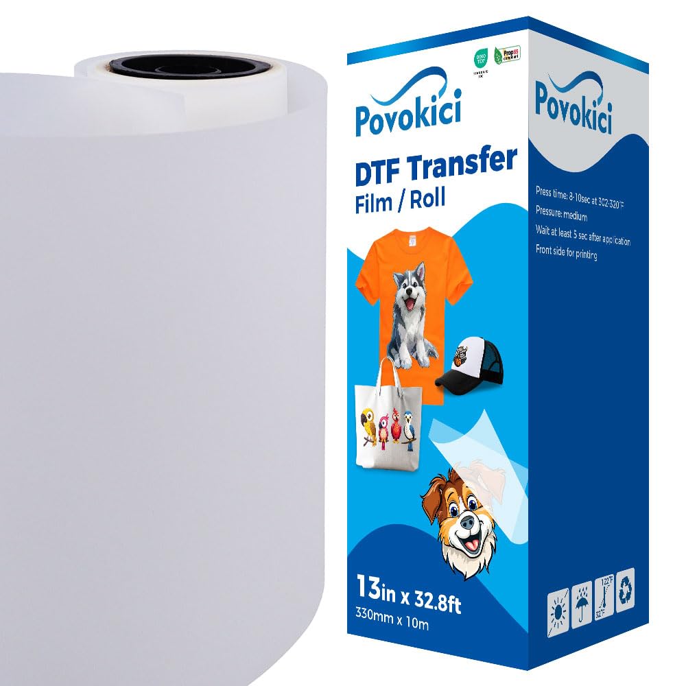POVOKICI 49 Rolls 13in x 328ft DTF Transfer Film Rolls with 44lbs White DTF Powder, Double Sided Matte Finish PreTreat PET Heat Transfer Paper Premium Roll for Printing on T-Shirt Textile