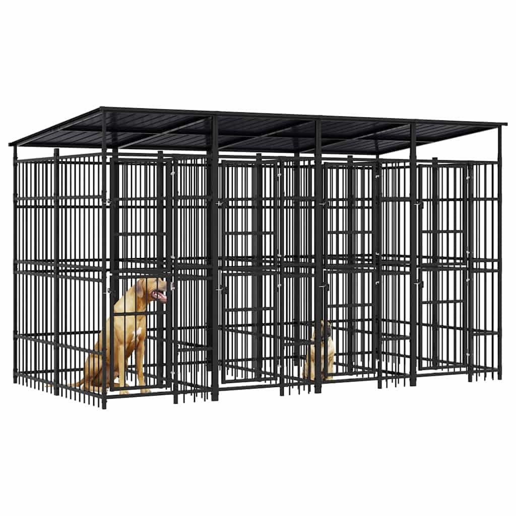 Dog Kennel, Outdoor Steel Pet Playpen with Roof, Lockable Gate