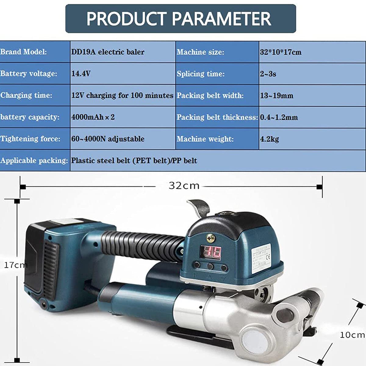 Electric Welding Strapping Machine, 2X4000mAh Rechargeable Battery Powered Welding Strapping Machine for 13-19mm Width PP/PET Strapping Straps(