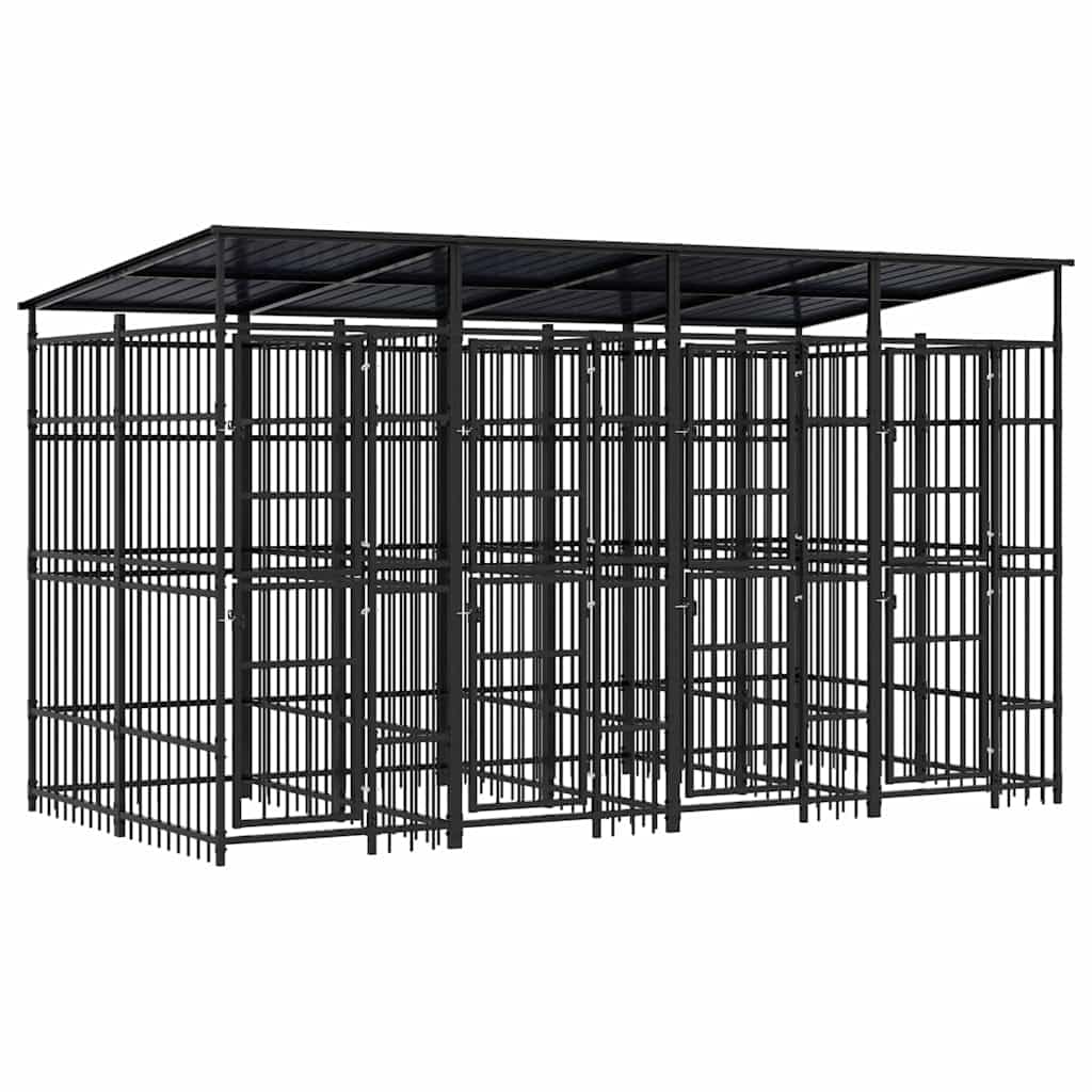 Dog Kennel, Outdoor Steel Pet Playpen with Roof, Lockable Gate