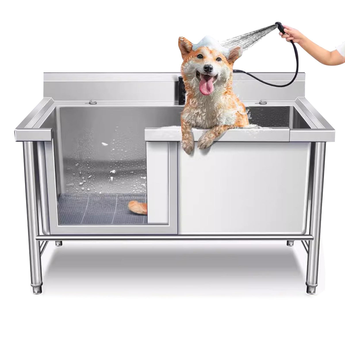 Dog Washing Station - Stainless Steel Pet Bath Tub for Dogs and Cats, Grooming Shower Sink with Left Door and Multifunctional Stool for Easy Pet Washing