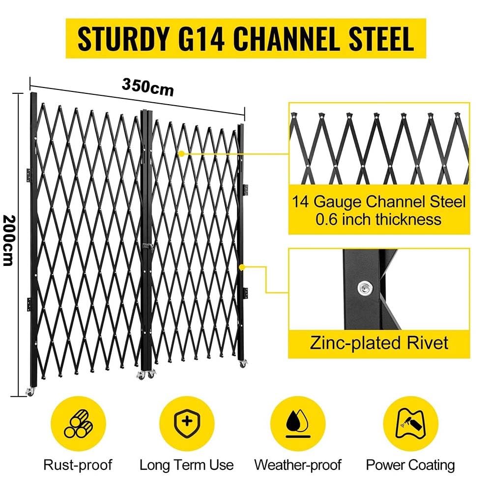 Etlegor Folding Security Gate, Steel Accordion Safety Gates with Lock, 360° Rolling Barricade Gate, for Courtyards Basement Garage(350x200cm)
