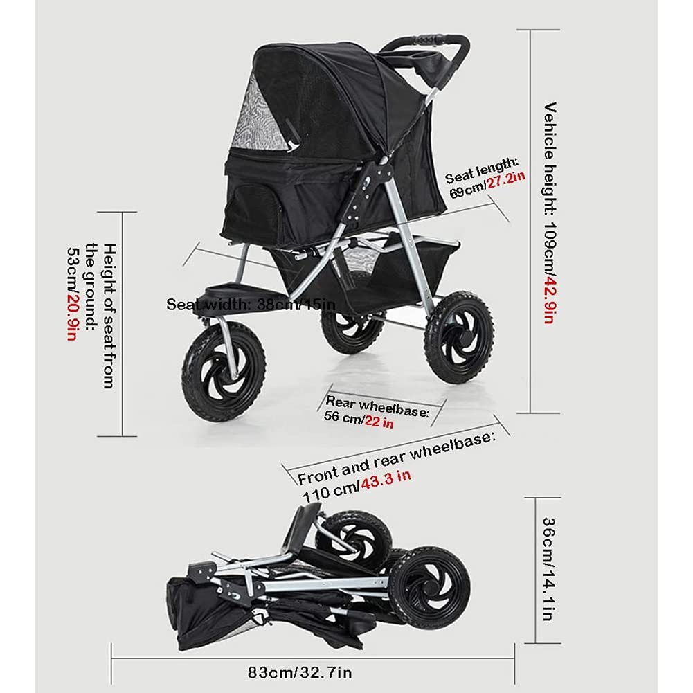 Pet Strollers 3 Wheel Pet Stroller Foldable Pet Supplies Travel Beach Pet Buggy Dog Bicycle Trailer with Large Storage Basket A (D)