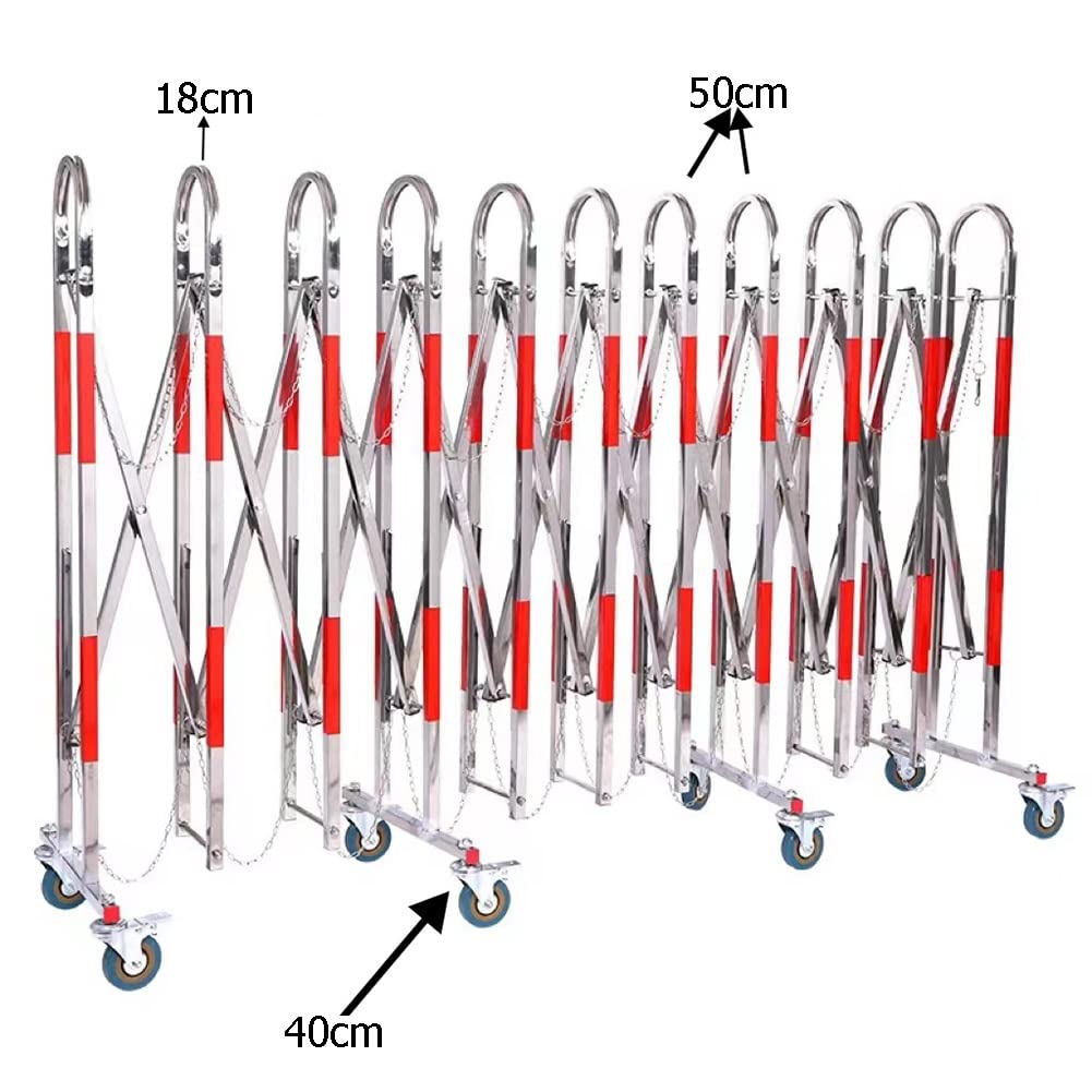 Expandable Barrier Gate, Flexible Mobile Metal Barricade, Durable Safety Barricade with casters, Stainless Steel Traffic Fence,Red-Silver-1.1x6m