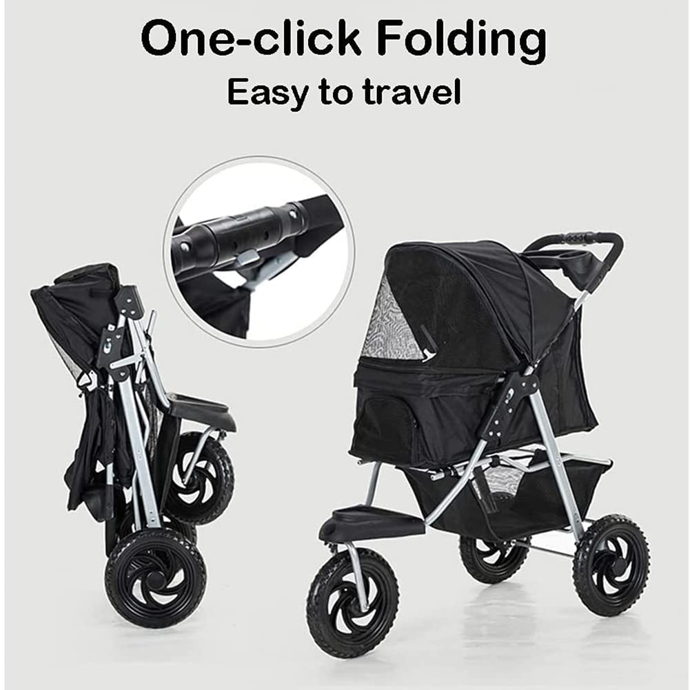 Pet Strollers 3 Wheel Pet Stroller Foldable Pet Supplies Travel Beach Pet Buggy Dog Bicycle Trailer with Large Storage Basket A (E)