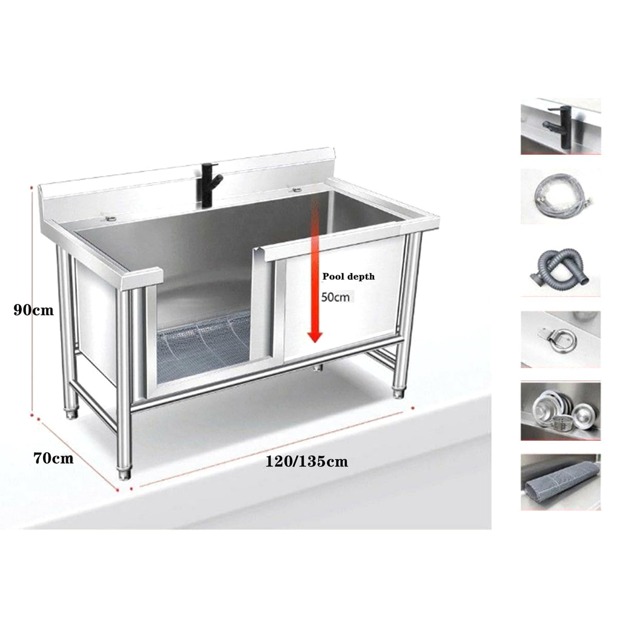 Dog Washing Station - Stainless Steel Pet Bath Tub for Dogs and Cats, Grooming Shower Sink with Left Door and Multifunctional Stool for Easy Pet Washing