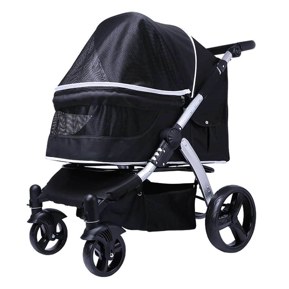Pet Stroller Dog Cat Foldable 4 Wheels Travel Carriers Transporter Pet Supplies with Large Storage Basket B (C)