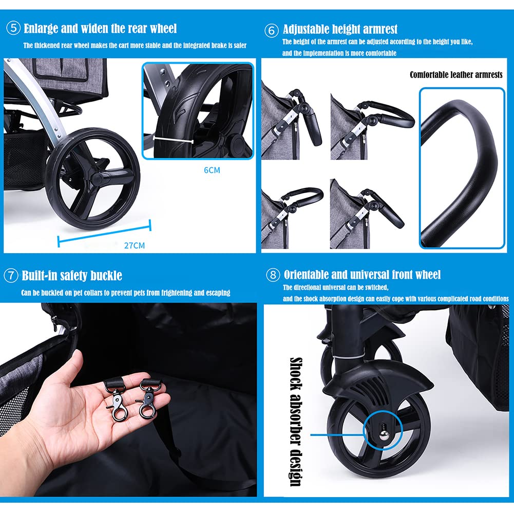 Pet Stroller Dog Cat Foldable 4 Wheels Travel Carriers Transporter Pet Supplies with Large Storage Basket B (C)