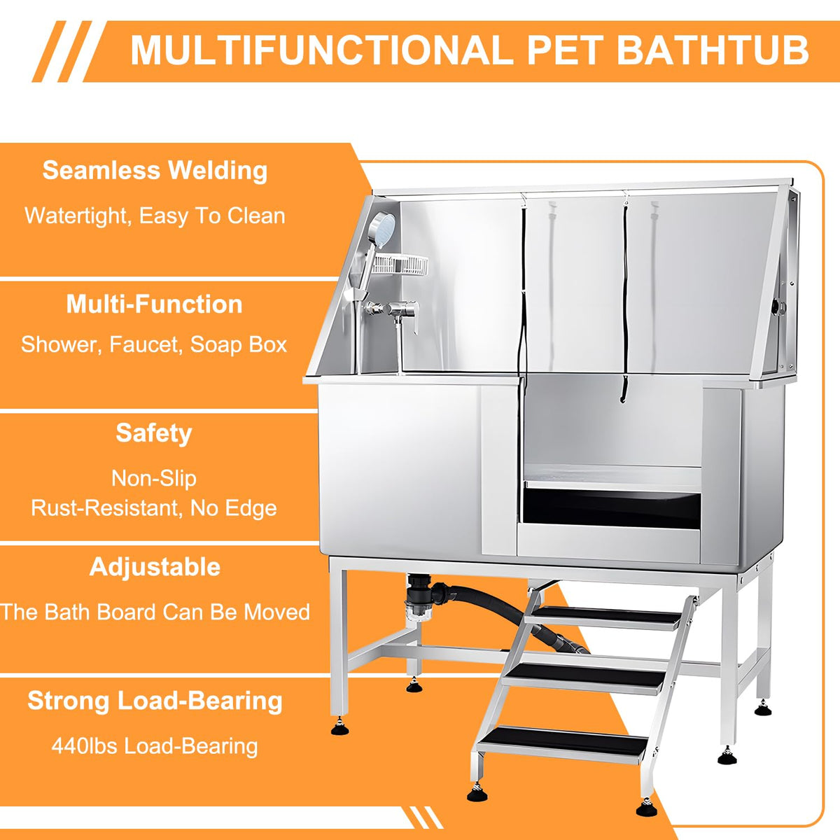 Pet Dog Bathing Station w/Stairs, Stainless Steel Dog Grooming Tub w/Soap Box, Faucet, Rich Accessory, Dog Bathtub for Large, Medium, Small Pets, Dog Grooming Tub for Home Right,59IN