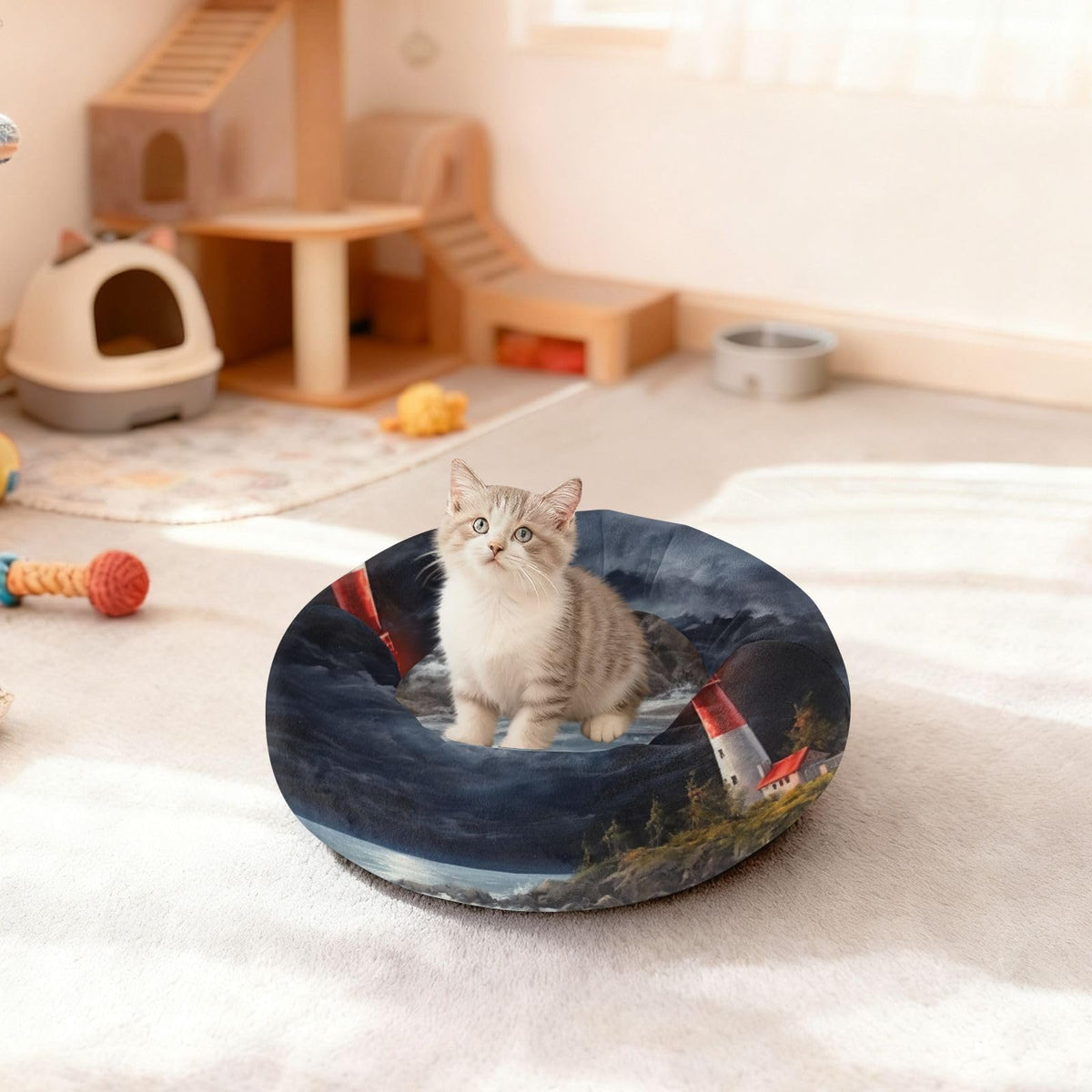 Donut Dog Bed for Small Dogs & Cats - Lighthouse at Night Calming Anti-Anxiety Pet Bed with Non-Slip Base, Removable & Machine Washable, 15"