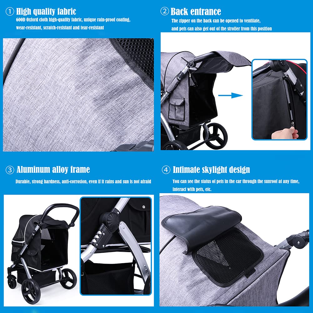 Pet Stroller Dog Cat Foldable 4 Wheels Travel Carriers Transporter Pet Supplies with Large Storage Basket B (C)