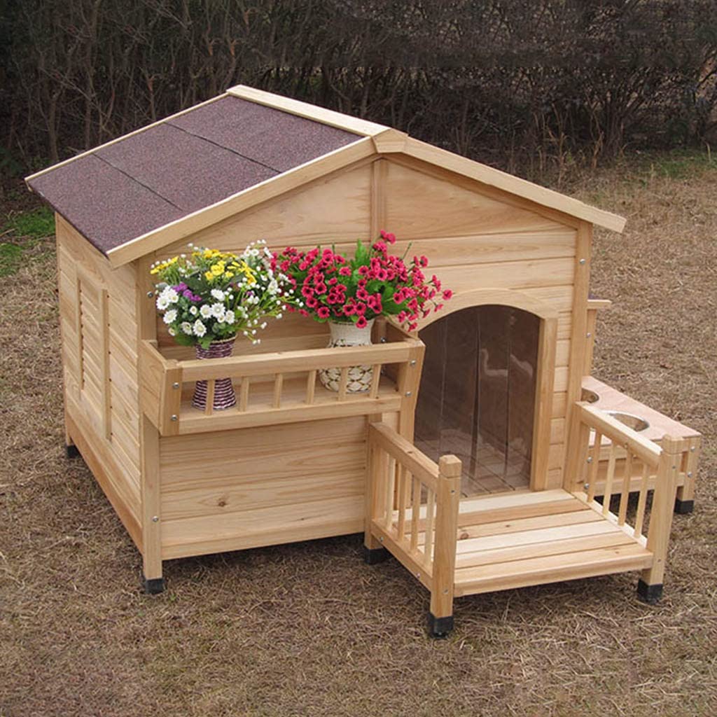 DogCage Large Wooden Outdoor Dog House Cat Puppies Pet Supplies with Asphalt Roof 2 Feeding Bowls & Storage Box (Brown 151x138x100cm)
