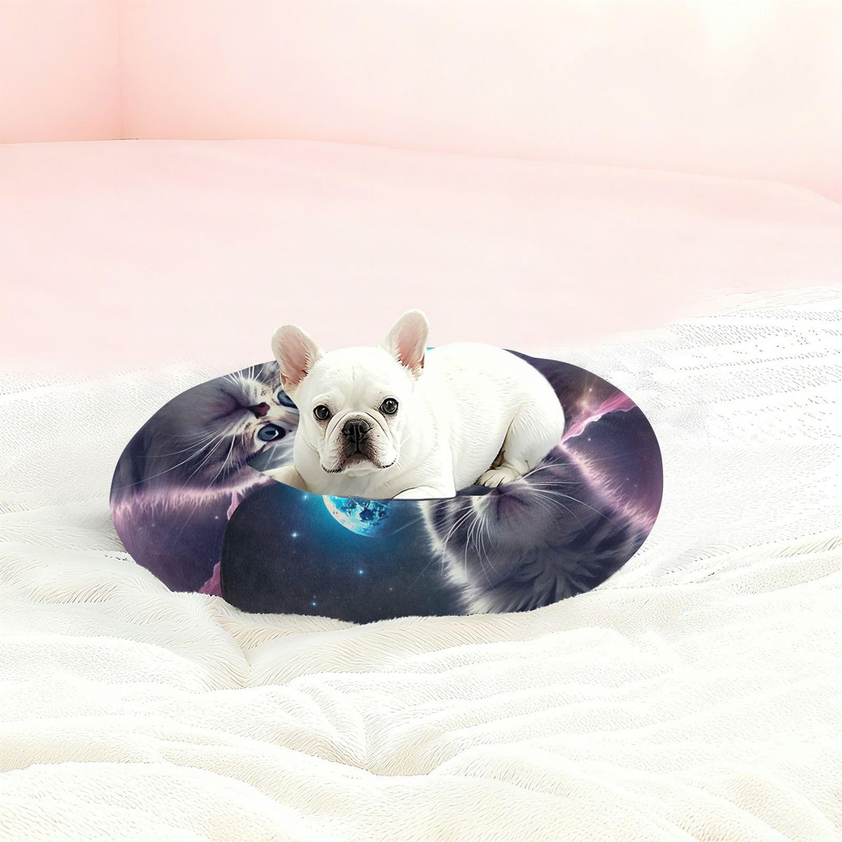 Donut Dog Bed for Small Dogs & Cats - Cat on The Moon Calming Anti-Anxiety Pet Bed with Non-Slip Base, Removable & Machine Washable, 22"