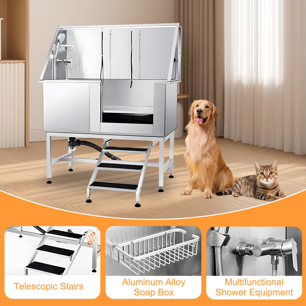 Stainless Steel Dog Washing Station with Anti-Slip Steps, Faucet, and Soap Box – Professional Pet Bathtub for Medium/Small Pets, Ideal for Home, Garage, and Grooming,59IN