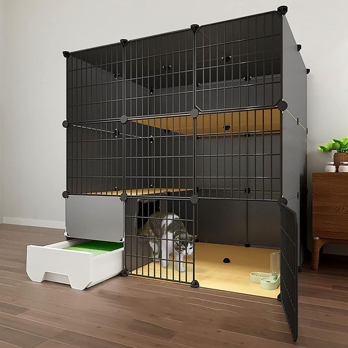 Indoor Pet Pen – DIY, Tray, Detachable Mesh(Black-111X95X111cm)