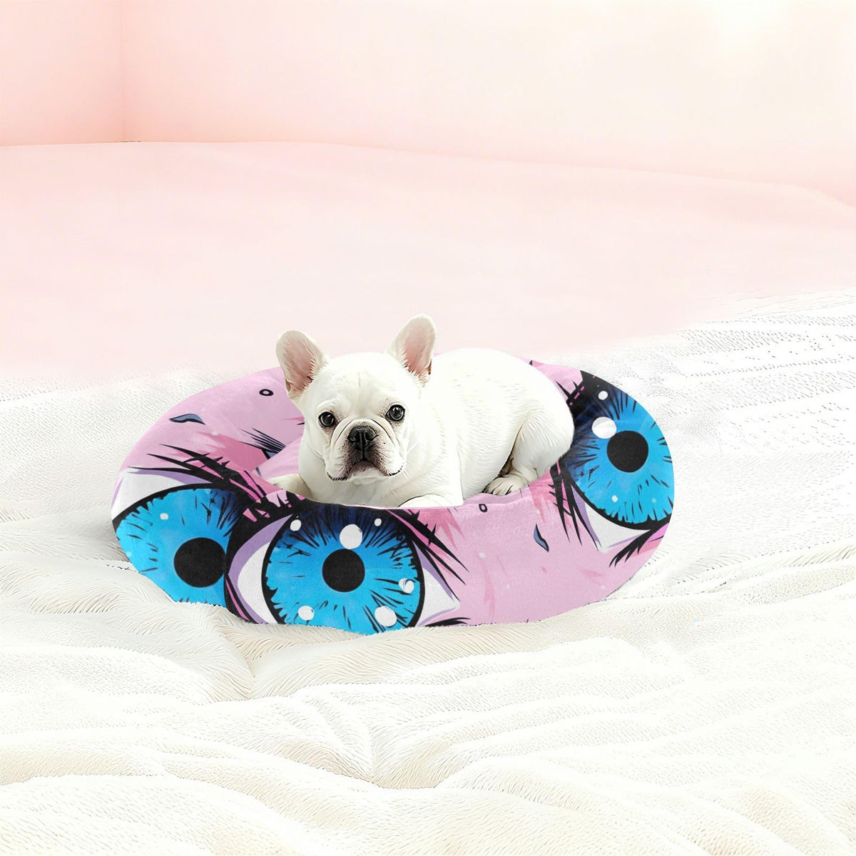 Donut Dog Bed for Small Dogs & Cats - Kawaii Anime Eyes Calming Anti-Anxiety Pet Bed with Non-Slip Base, Removable & Machine Washable, 22"