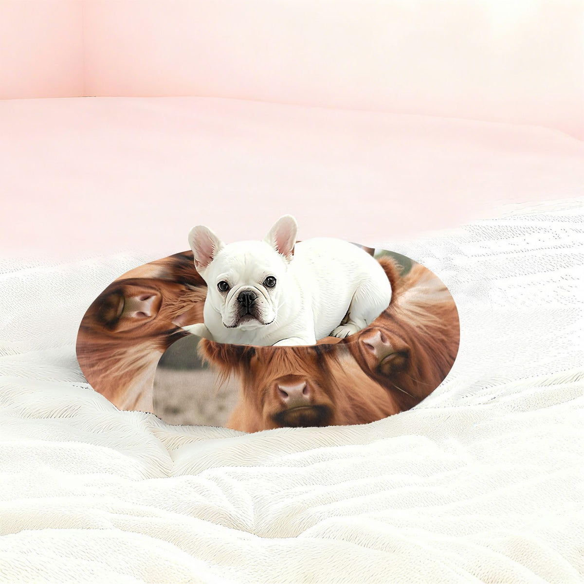 Donut Dog Bed for Small Dogs & Cats - Highland Cows Calming Anti-Anxiety Pet Bed with Non-Slip Base, Removable & Machine Washable, 15"