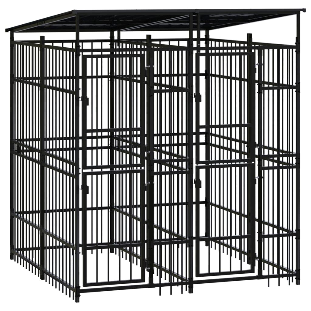 vidaXL Outdoor Dog Kennel with Roof, Large Steel Pet Enclosure for Multiple Dogs, Weatherproof and Secure Shelter