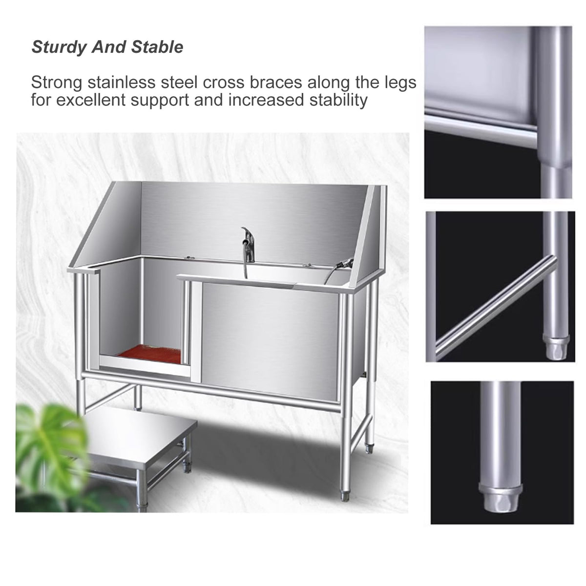 Large Dog Grooming Bathtub Station Stainless Steel Pet Grooming Tub Professional Dog Wash Shower Sink with Stairs(53in,Deep:50cm/19.6in)