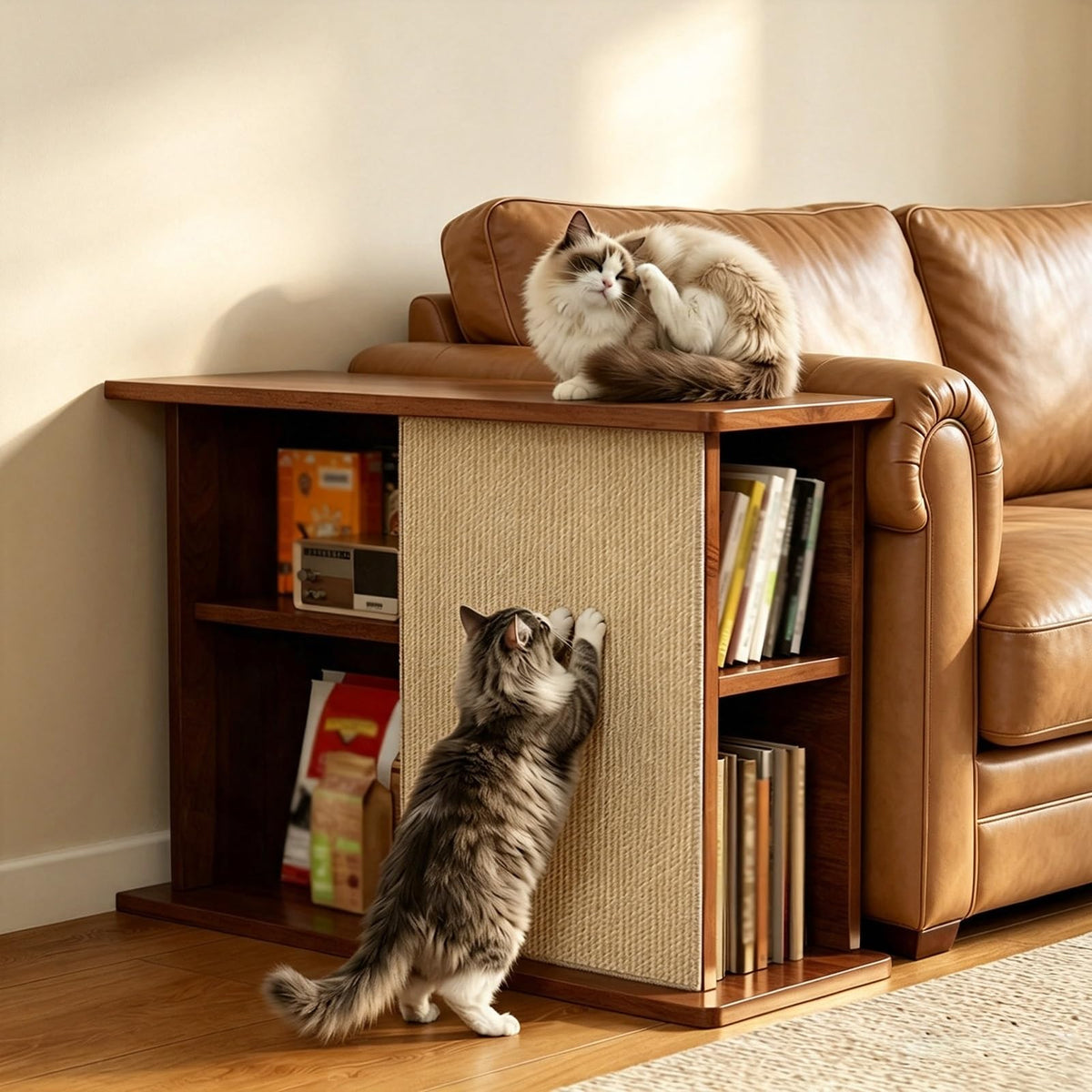 Space-Saving Corner Cat Scratcher Couch End Table with Open Shelves, Multi-Functional Cat Furniture and Pet Play Area for Small Spaces
