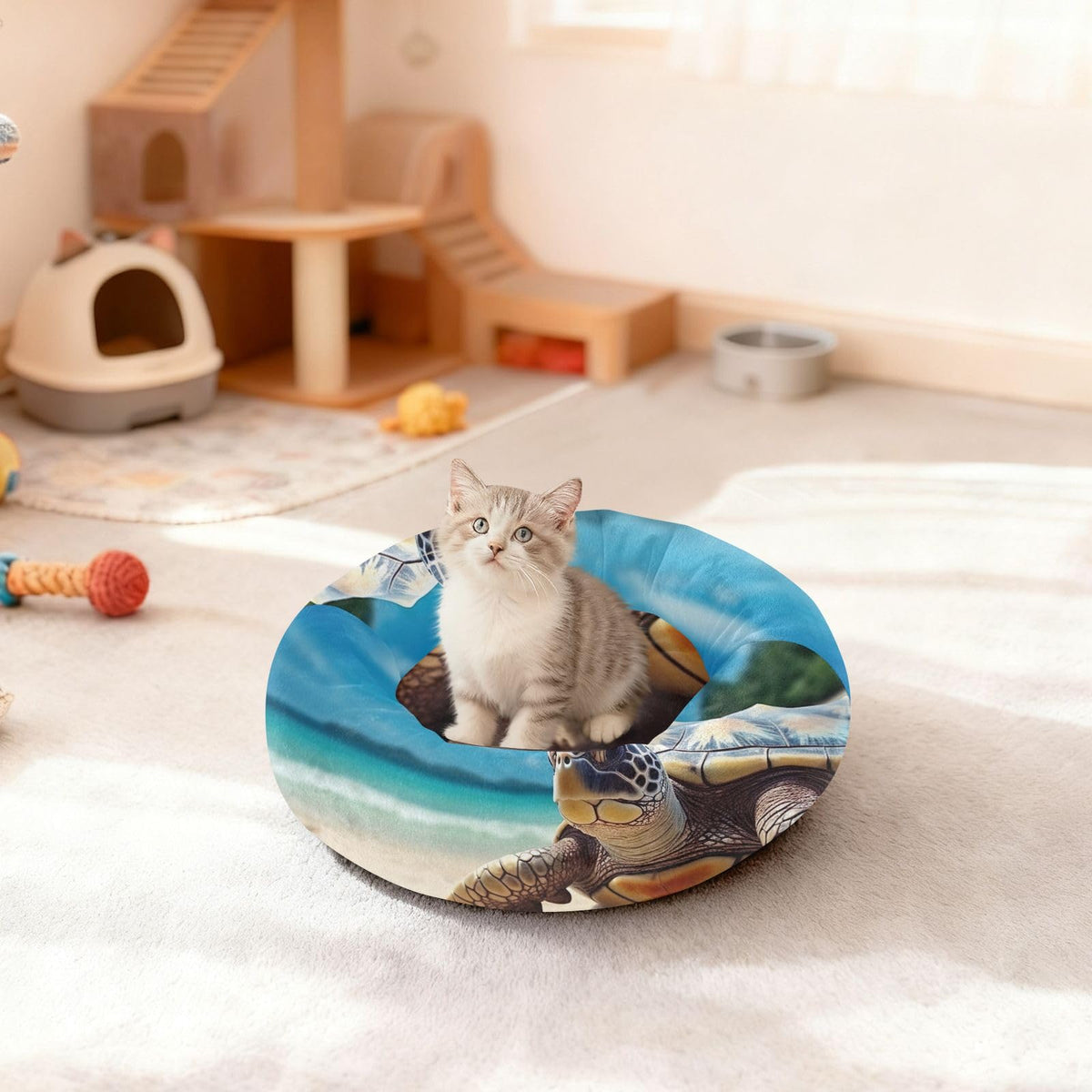 Donut Dog Bed for Small Dogs & Cats - Sea Turtle Calming Anti-Anxiety Pet Bed with Non-Slip Base, Removable & Machine Washable, 22"