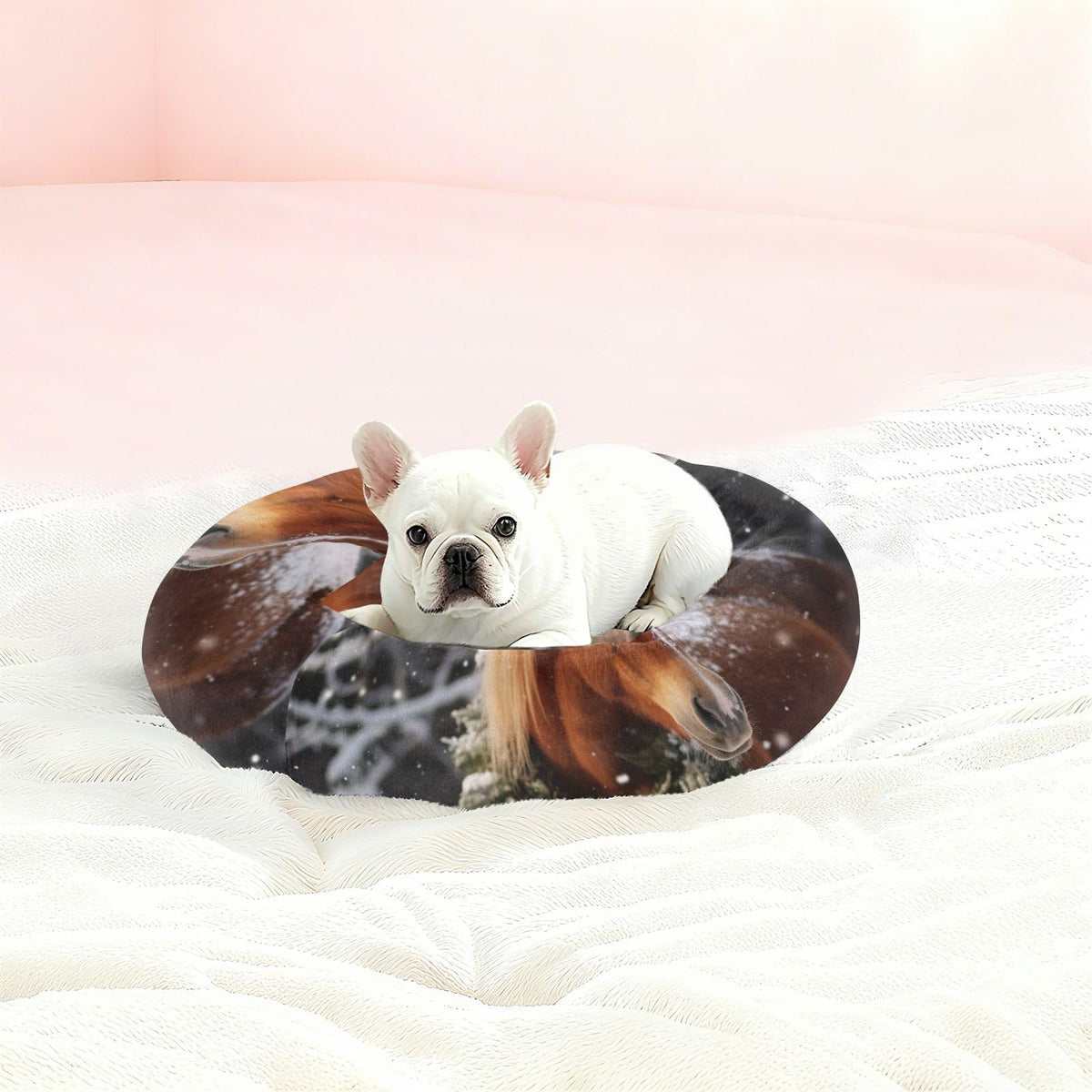 Donut Dog Bed for Small Dogs & Cats - Horse in The Snow Calming Anti-Anxiety Pet Bed with Non-Slip Base, Removable & Machine Washable, 22"