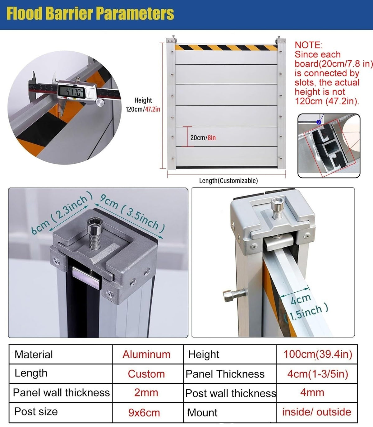 Reusable Aluminum Flood Barriers/Gates for Home Doors, 2 4 6 8 10ft Long Flood Prevention Barrier Water Stopper Shield for Outside/Indoor/Garage Door/Basement/Patio