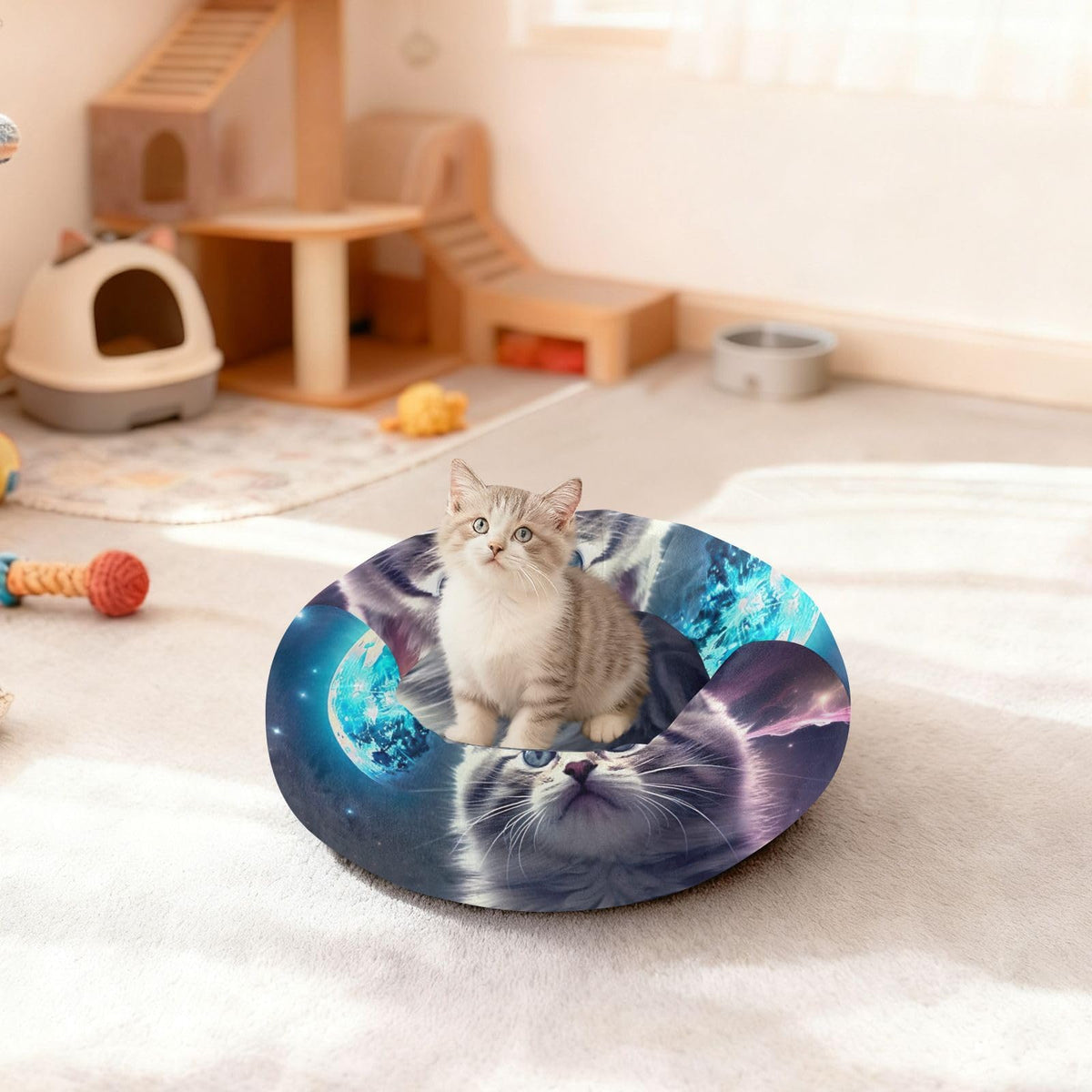 Donut Dog Bed for Small Dogs & Cats - Cat on The Moon Calming Anti-Anxiety Pet Bed with Non-Slip Base, Removable & Machine Washable, 22"