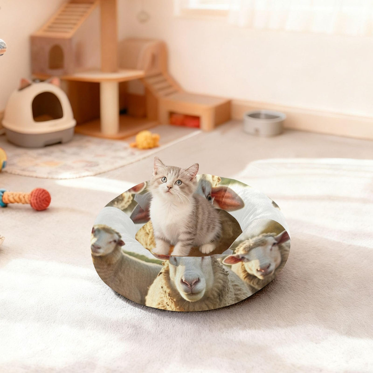 Donut Dog Bed for Small Dogs & Cats - Funny Sheep Pattern Calming Anti-Anxiety Pet Bed with Non-Slip Base, Removable & Machine Washable, 18"