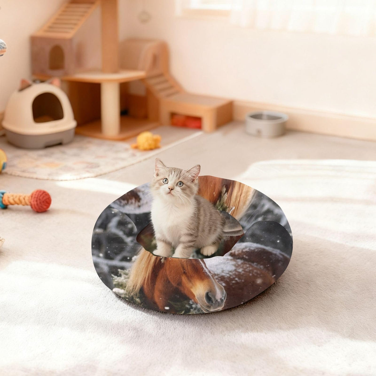 Donut Dog Bed for Small Dogs & Cats - Horse in The Snow Calming Anti-Anxiety Pet Bed with Non-Slip Base, Removable & Machine Washable, 22"