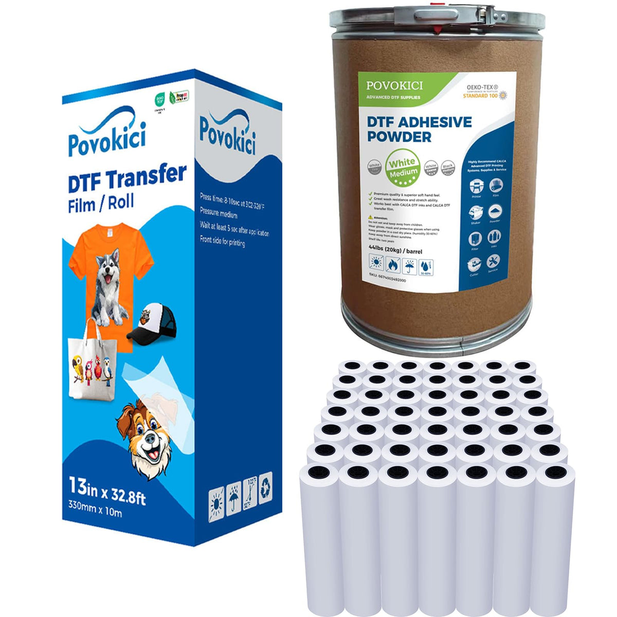 POVOKICI 49 Rolls 13in x 328ft DTF Transfer Film Rolls with 44lbs White DTF Powder, Double Sided Matte Finish PreTreat PET Heat Transfer Paper Premium Roll for Printing on T-Shirt Textile