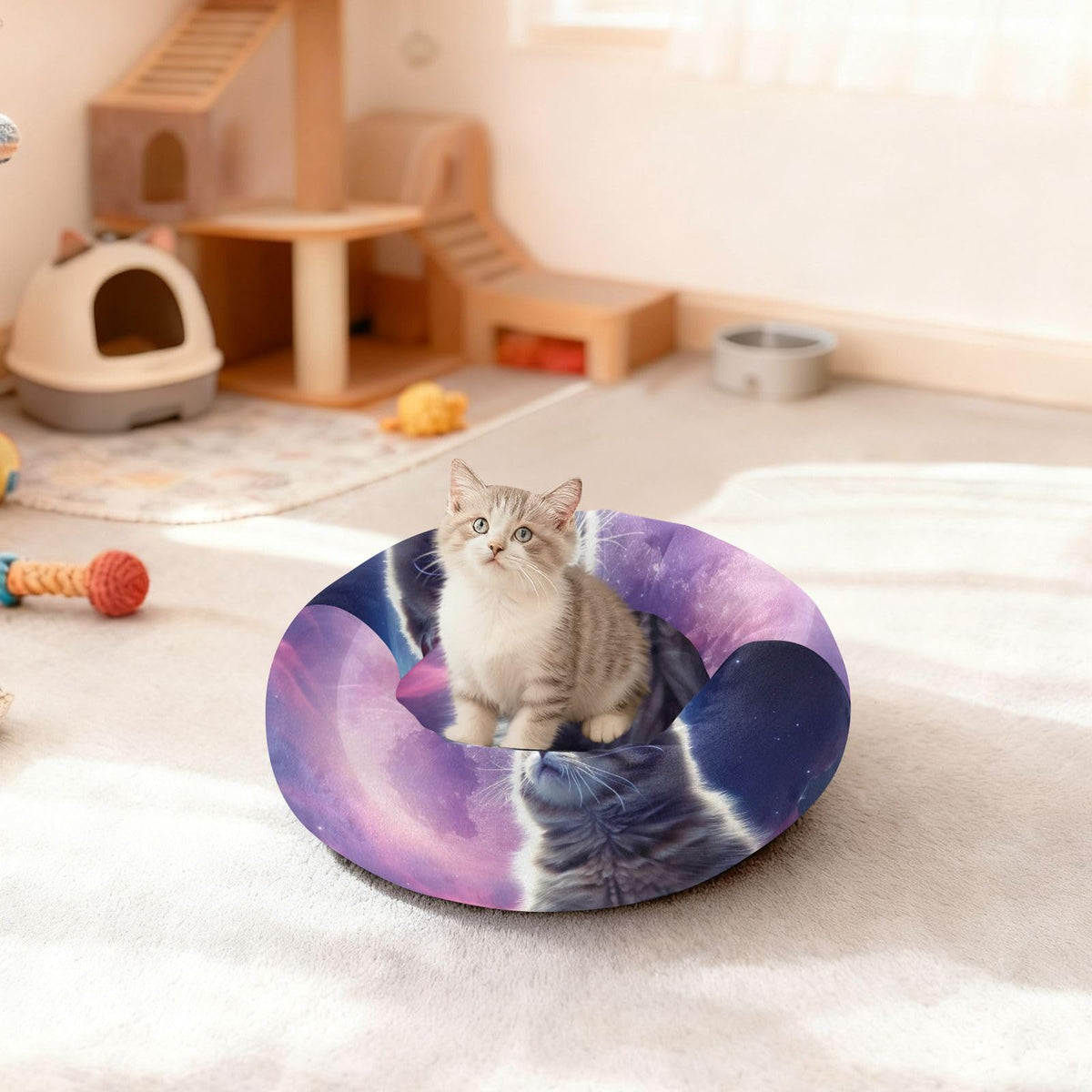 Donut Dog Bed for Small Dogs & Cats - Cat on The Moon Calming Anti-Anxiety Pet Bed with Non-Slip Base, Removable & Machine Washable, 22"