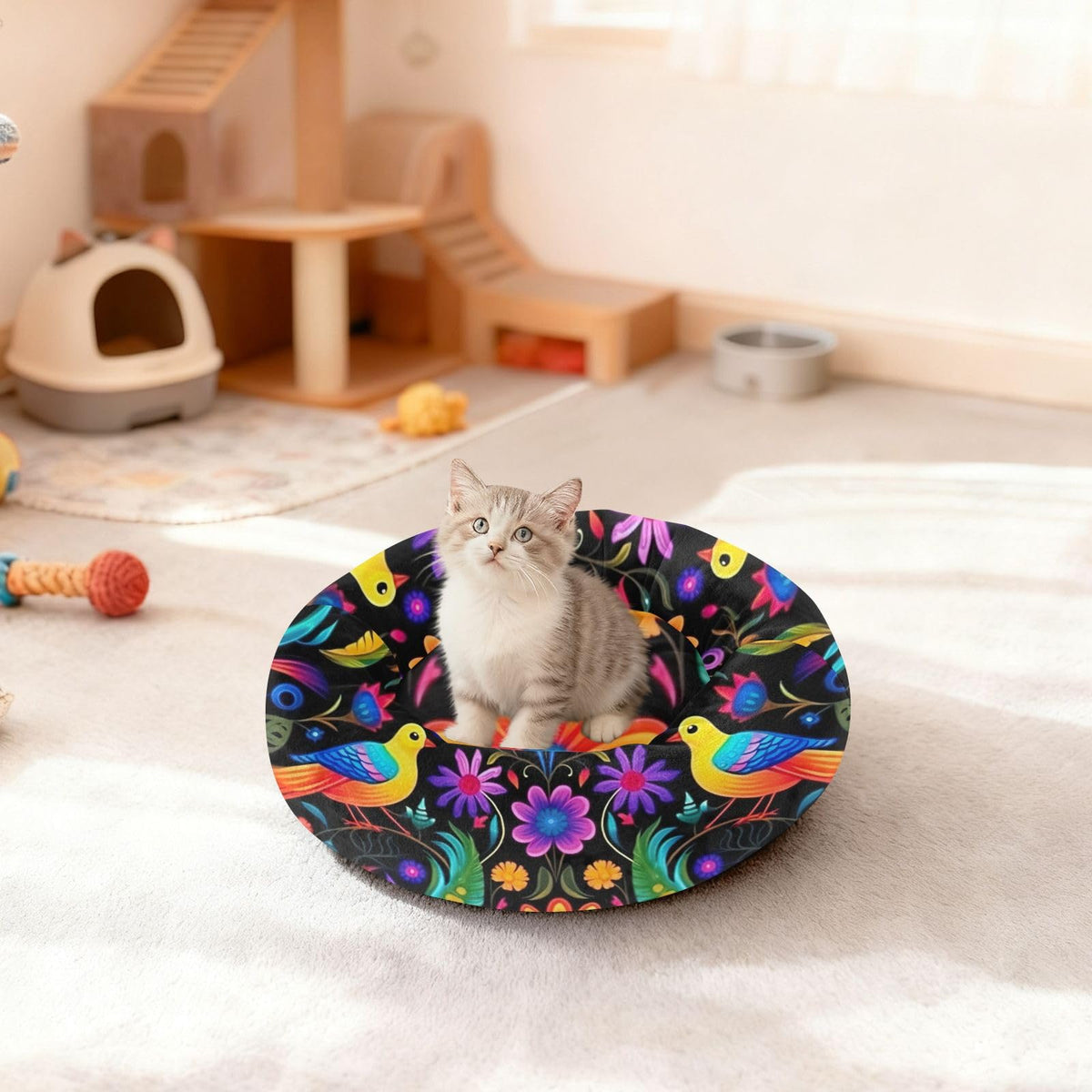 Donut Dog Bed for Small Dogs & Cats - Mexican Art Design Calming Anti-Anxiety Pet Bed with Non-Slip Base, Removable & Machine Washable, 22"