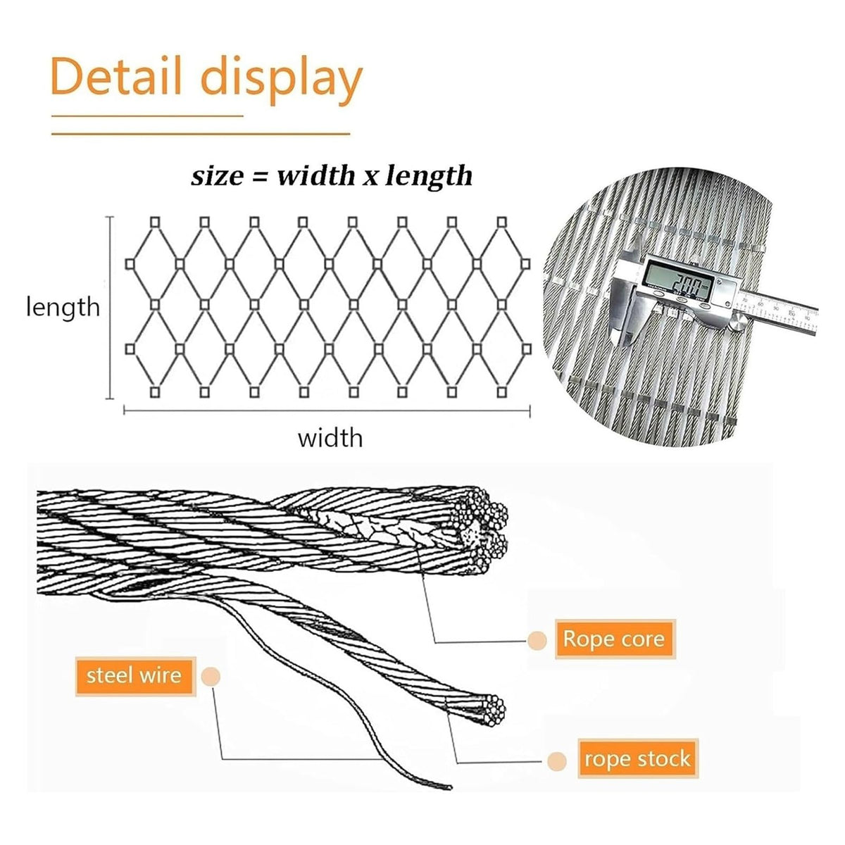 Stainless Steel Wire Mesh Safety Netting for Outdoor Railing - 2mm Diameter 2x25m (6.56x82ft) Flexible Balcony Guard for Secure Railings and Pet Protection
