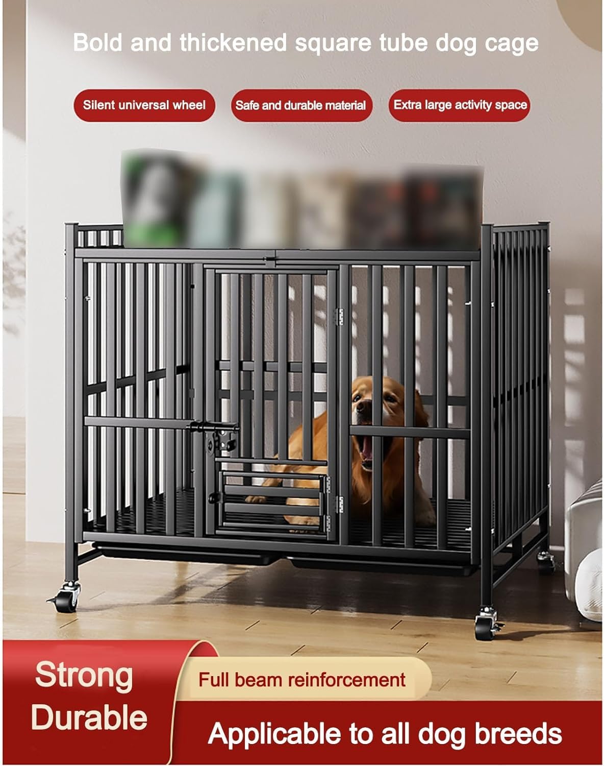 Large Dog Cage, Indoor Dog House, Dog Villa, Indoor and Outdoor Dog House with Tray and Wheels(Black 125 * 95 * 110cm)