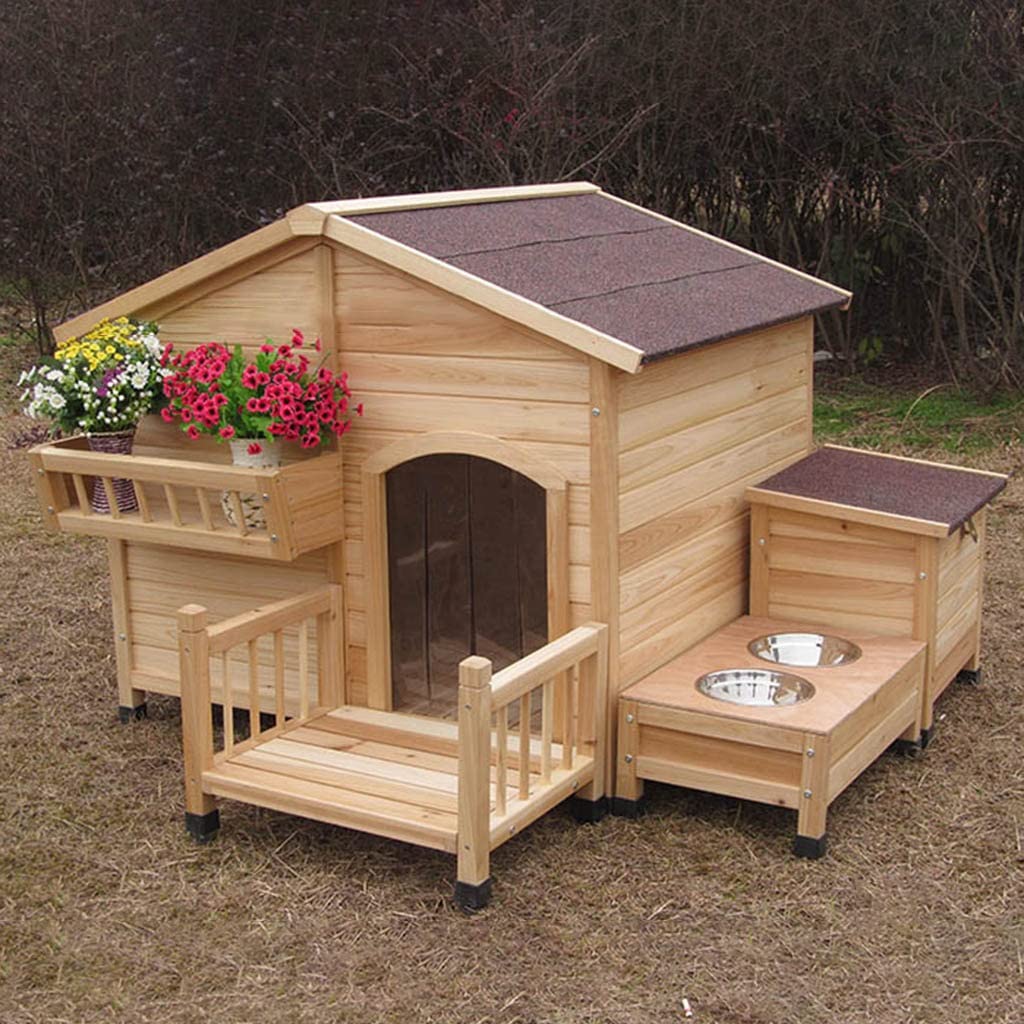 DogCage Large Wooden Outdoor Dog House Cat Puppies Pet Supplies with Asphalt Roof 2 Feeding Bowls & Storage Box (Brown 151x138x100cm)