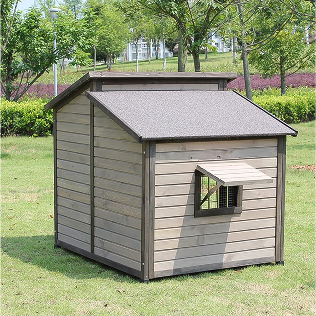 Outdoor Dog House, Wooden Raised Pet Kennel with Asphalt Roof, Front Door, Side Window, Porch for Medium/Large Dogs, XX
