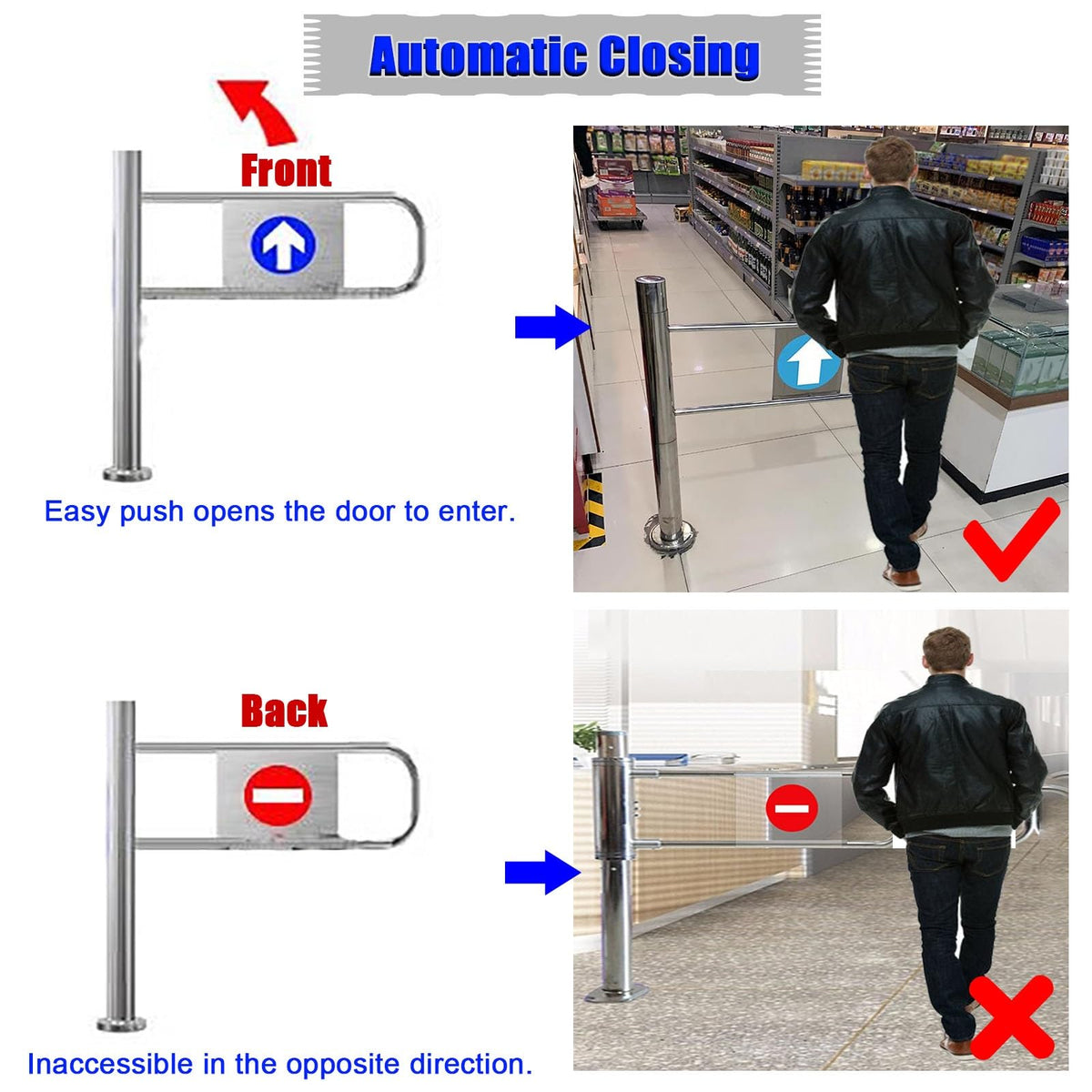 Stainless Steel Automatic Swing Gate, One Way Pedestrian Gate with Spring Loaded Safety Function, Ideal for High Traffic Areas, Enhanced Safety, Durable Design, Easy