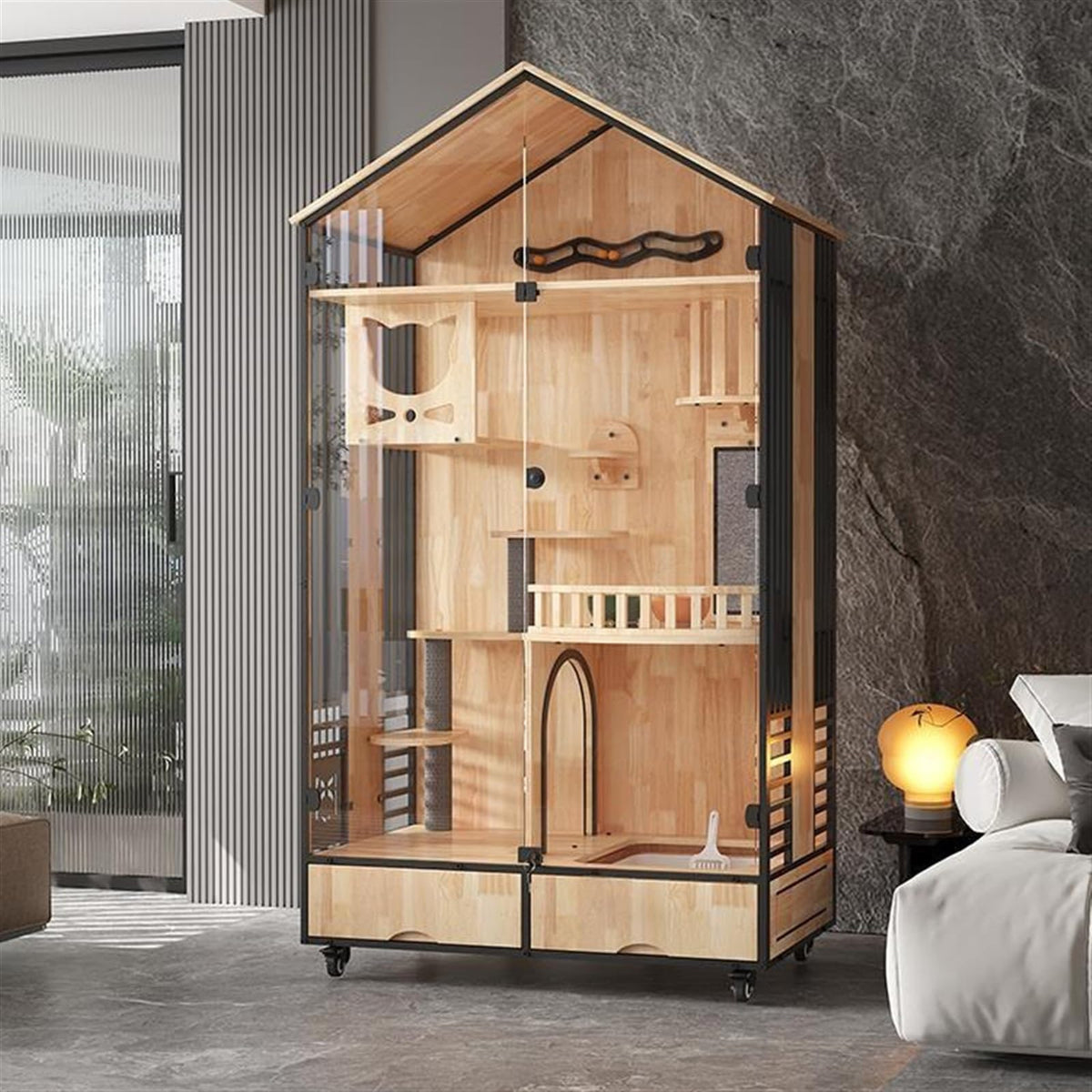 Cat Cage Cat Villa Wood Home Indoor House Luxury Three-Story Large Nest Cage Cabinet with Toilet Pet House